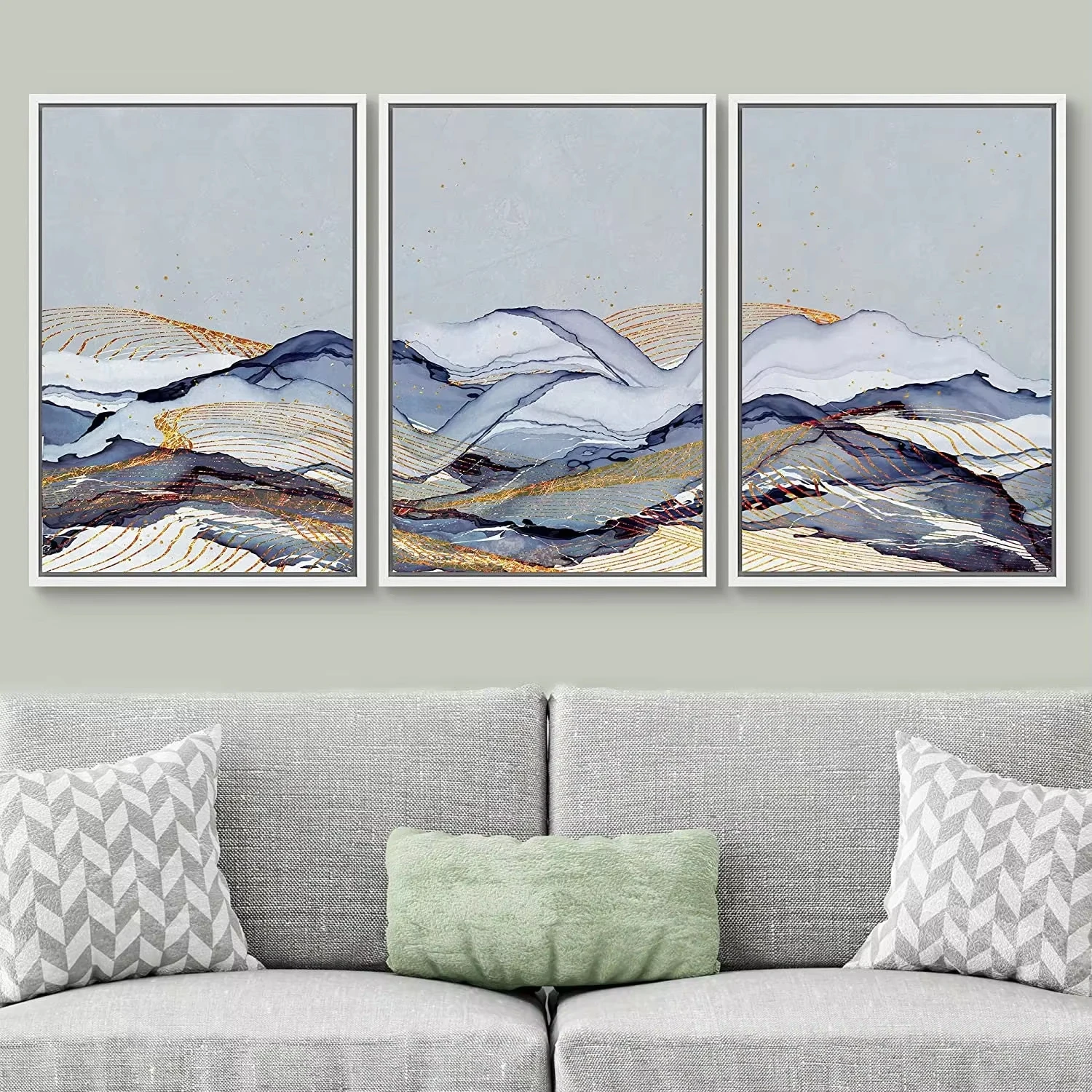 3PC frameless decorative art print,Three Piece Set of Wall Art Powder Color Abstract Geometry Black Gold Smoke Wave Poster Print