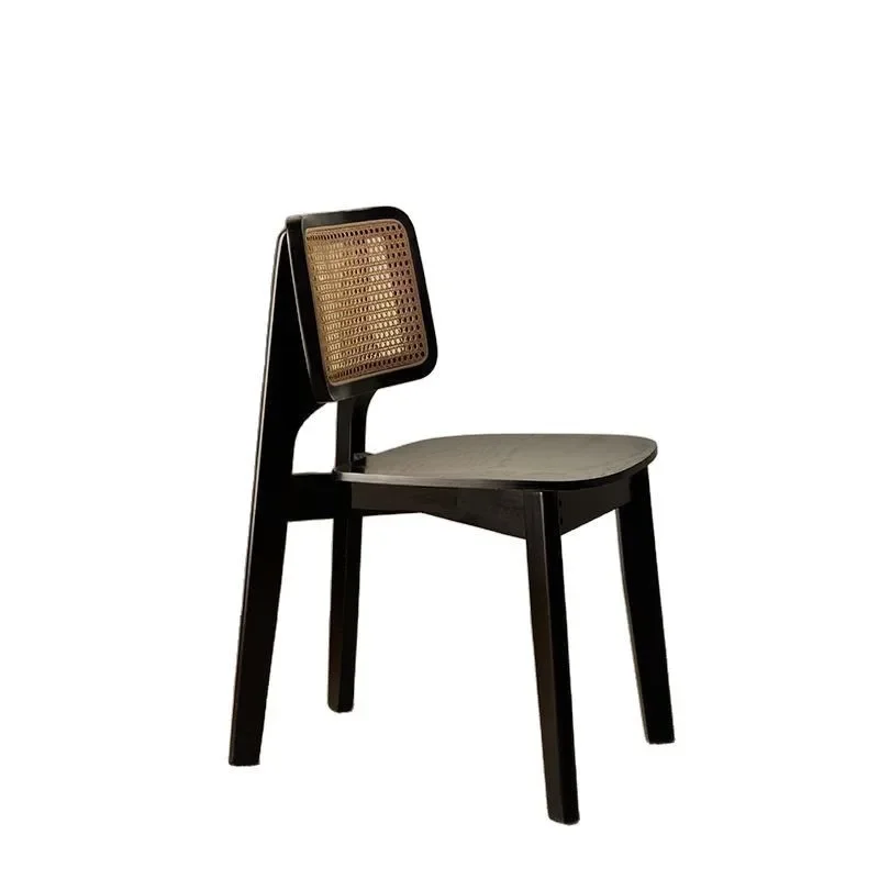 Retro black solid wood Nordic dining chair home installation free simple Internet celebrity rattan chair