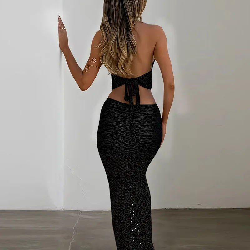 Women's 2-Piece Crochet Set Beaded Backless Top + Hollow Out Mermaid Skirt Elegant Party Outfit