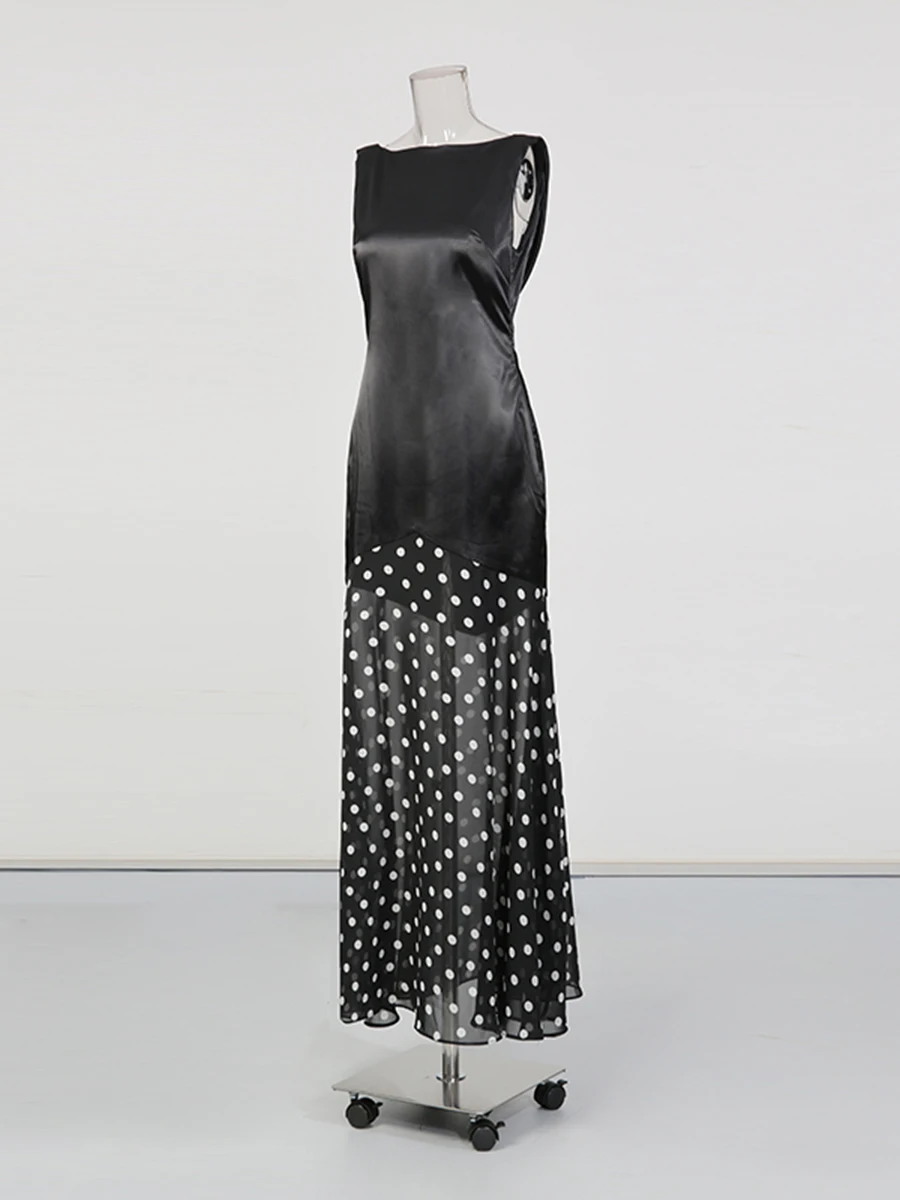 CHICEVER-vestido negro con estampado de puntos empalmados para mujer, cuello redondo, sin mangas, adelgazante, suave, intelectual, moda de verano