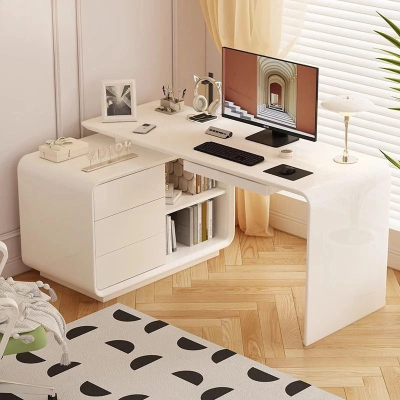 

Cream style L-shaped desk bookshelf integrated bedroom table retractable office white computer Internet celebrity
