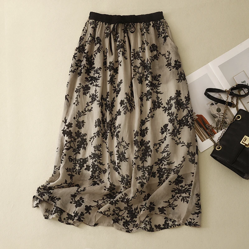 

2024 New Arrival Summer Women Casual Loose Fit Vintage Print A-line High Waist Mid-calf Skirt Arts Style Elastic Waist Skirts