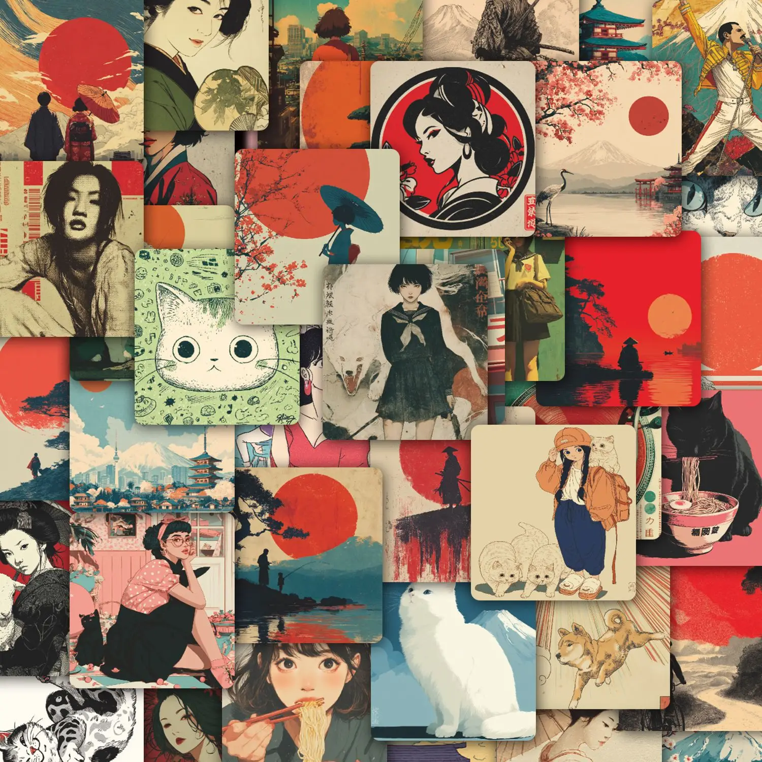 10/58 PCS Retro Japanese Style Stickers, Wa Girl Illustration Waterproof DIY Decals for Luggage, Laptop, Phone, Journal, Bottles