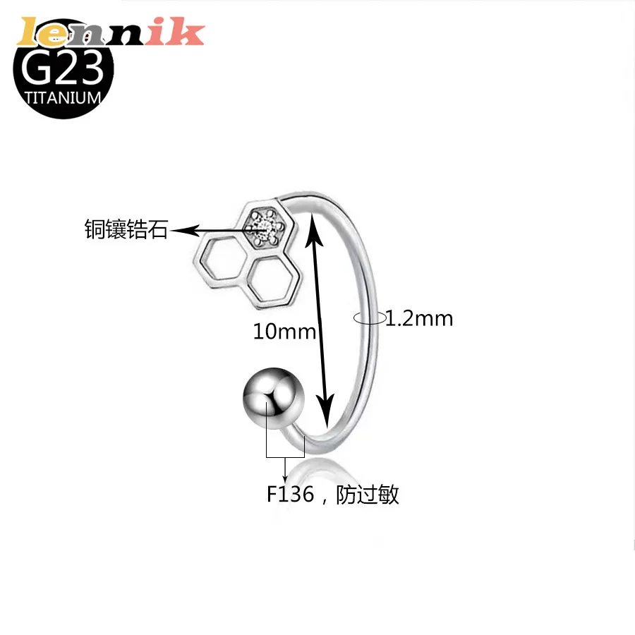 LENNIK F136 Orecchini ad anello per labbro in lega di titanio Ape Fiore Gattino intarsiato Anello per labbro con zirconi G23 Prodotto per puntura ipoallergenico