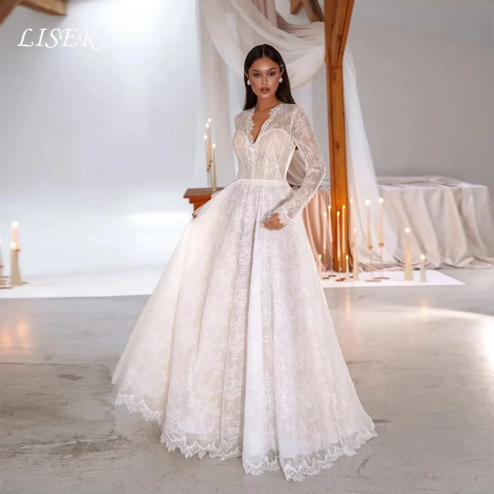 Liser Luxury Wedding Dresses V-Neck Full Sleeves Floor Length Ivory Lace A-Line Robe De Mariée Customized Bridal Gown 2026