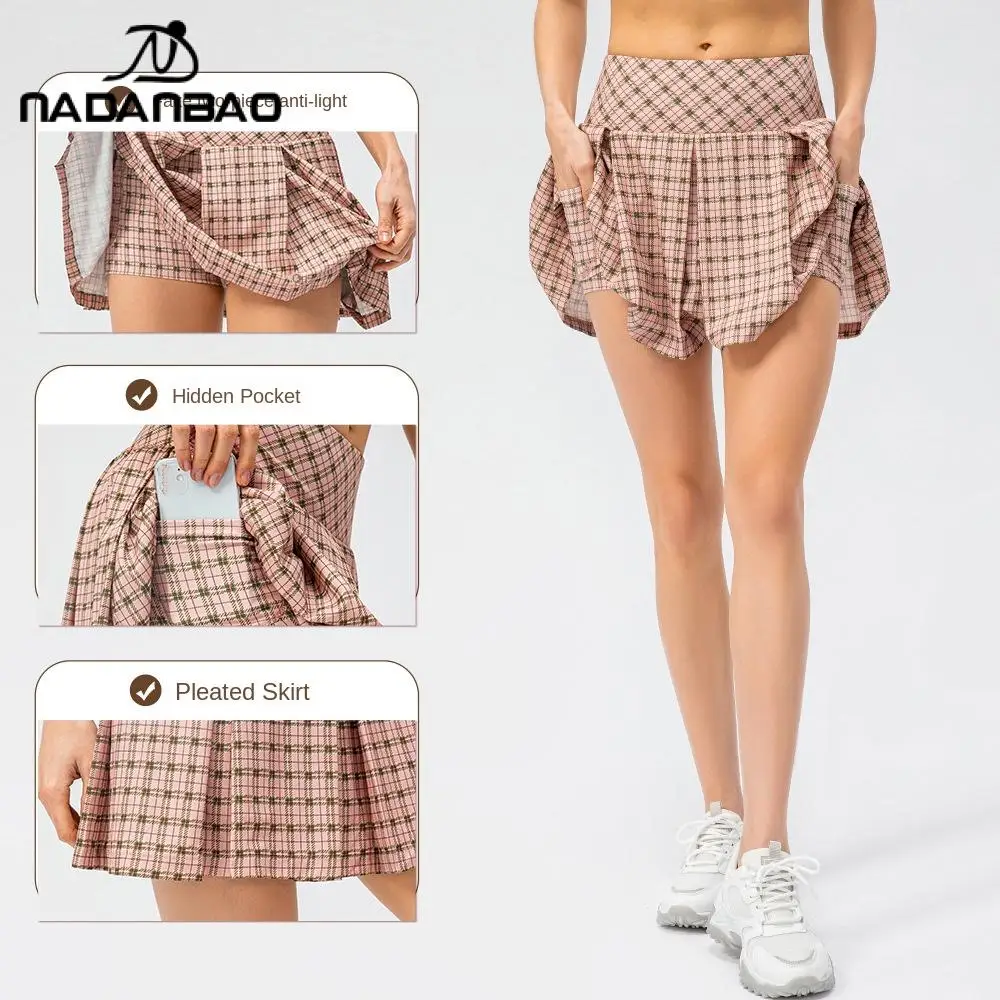 Nadanbao Spring Summer Plaid Tennis Skirt Women Quick-Dry Breathable Pleated Skirt Outdoor Golf Sports Skort Elastic Yoga Skirt