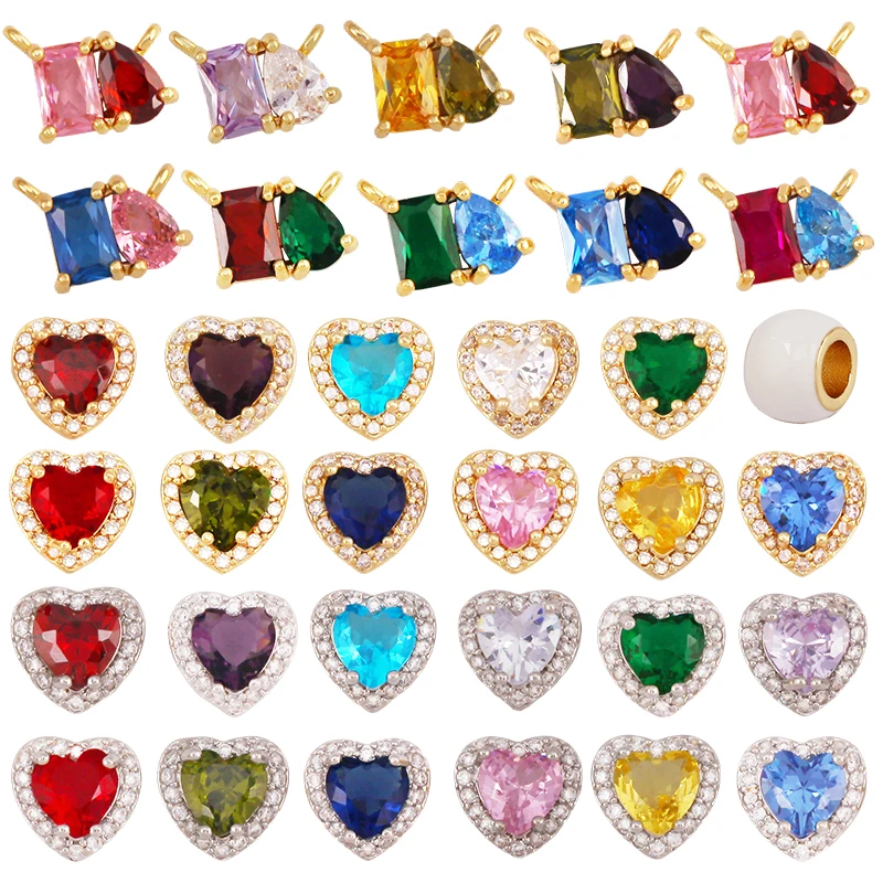 Cuentas de corazón de piedra para el día de nacimiento, granate, aguamarina, lila, violeta oliva, pulsera de latón dorado de 18 quilates, componentes, accesorios, suministros S77