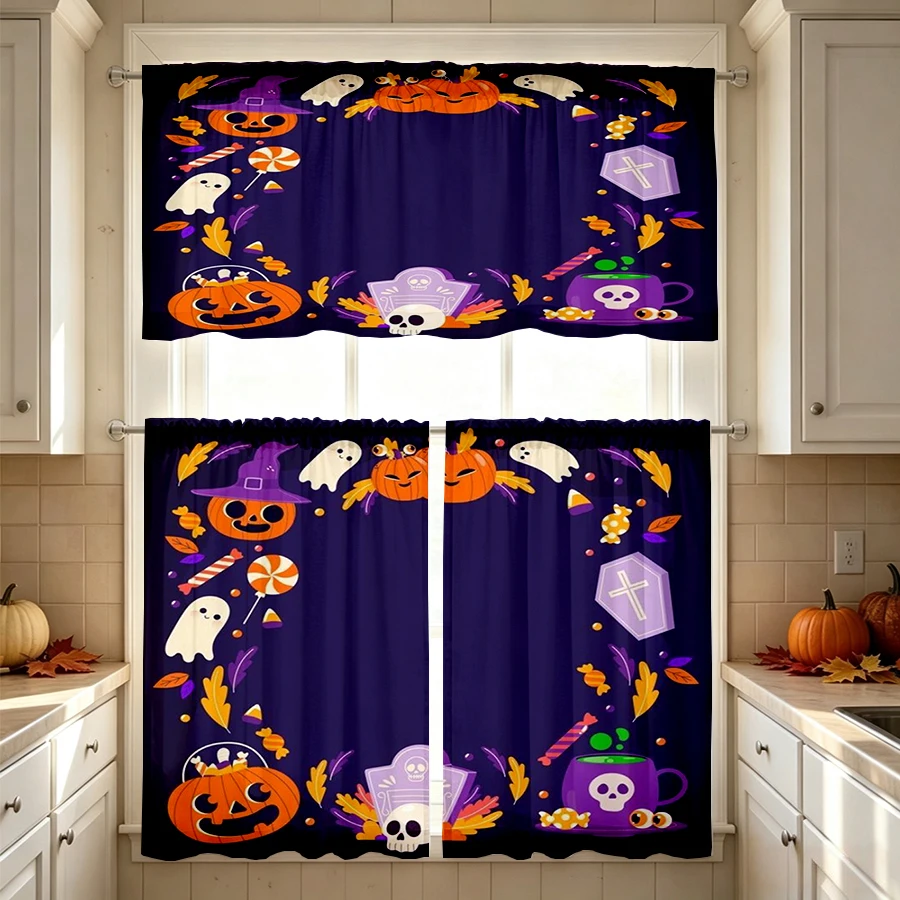 Halloween Fall Kitchen Curtains, Border Pumpkin Ghost, Digital Print, Kitchen Dining Room, Rod Pocket Polyester, Home Decor