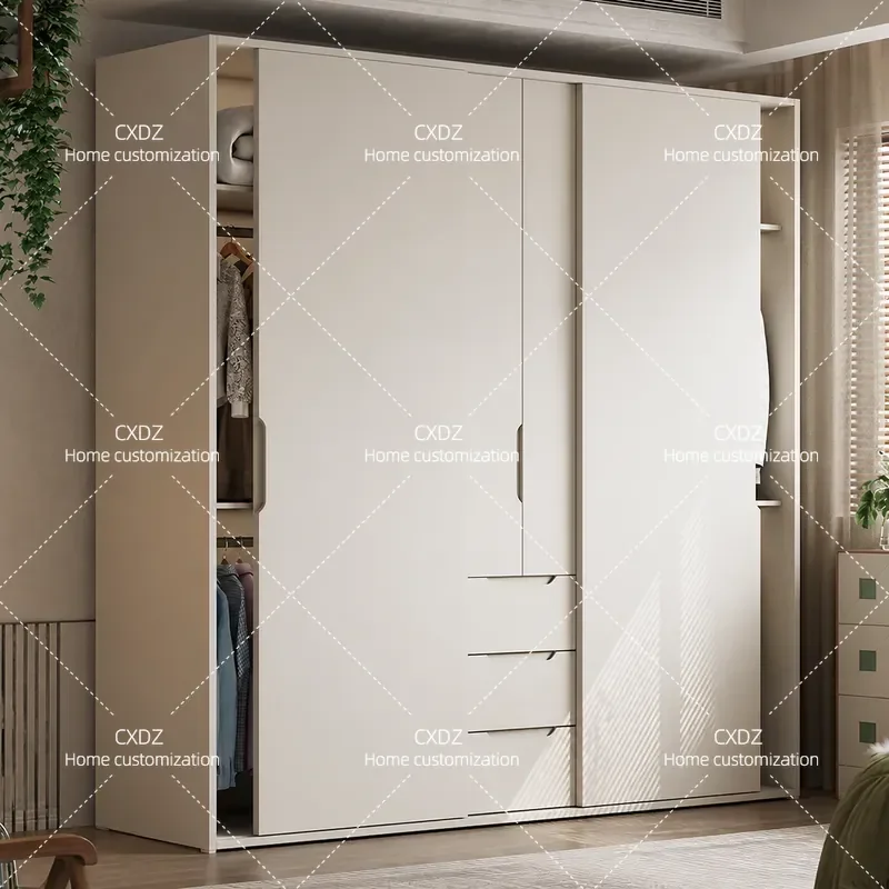 Solid Wood Sliding Door Wardrobe Cream Style Bedroom Storage Cabinet Large Capacity Assembly Combination Closet for Home