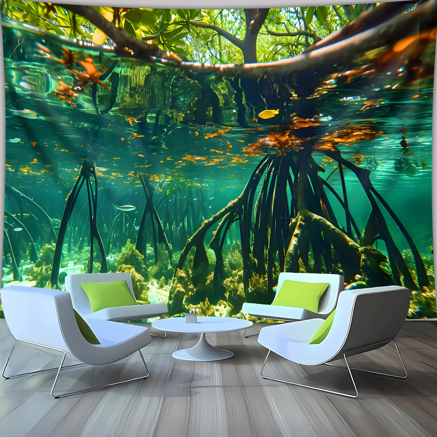 Underwater Tree Roots Landscape Tapestry, HD Digital Print Nature Wall Decor for Living Room and Live Streaming Backdrop