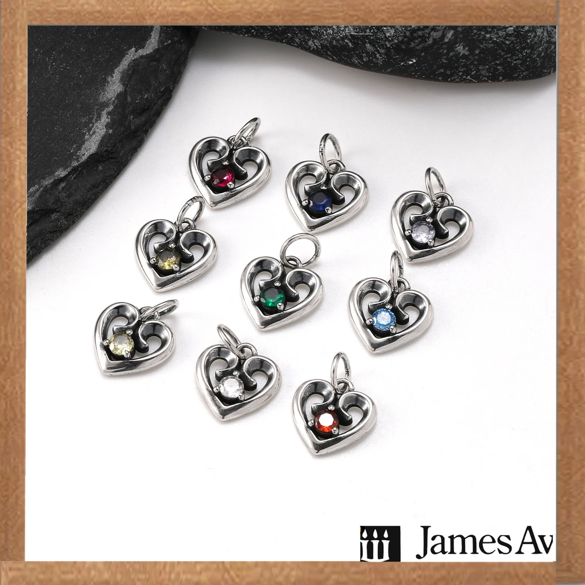 Vintage Silver Hollow Heart Birthstone Crystal Charms Pendants Fit Bracelet Necklace Women DIY Hand‑made Jewelry