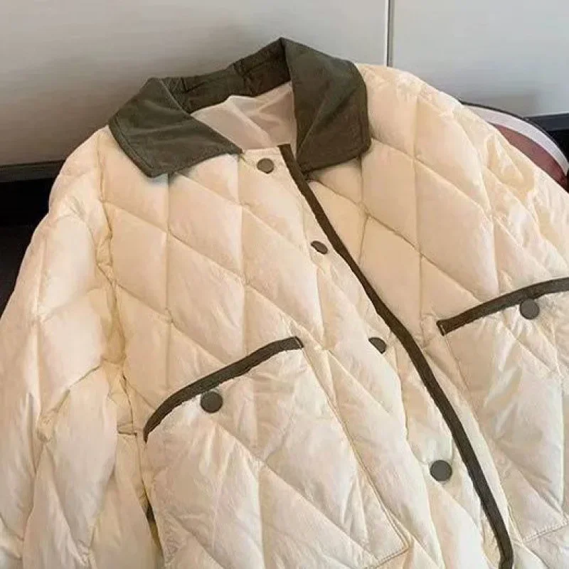 Korean Parkas Style Color Blocking Lapel Pattern Cotton-padded Coat Women's Autumn/winter Versatile Petite Cropped Padded Jacket