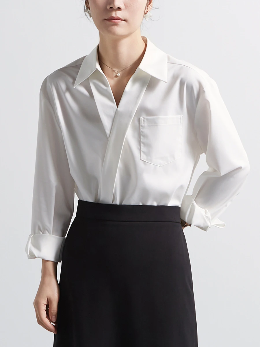 

CHICBLISS White V-Neck Long Sleeve Shirt Women's Elegant Commute Slanted Button-Up Shirt Professional Lady's Neck Pullover