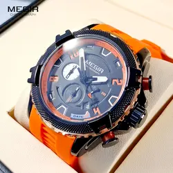 MEGIR-Reloj de pulsera deportivo para hombre, cronógrafo de cuarzo con correa de silicona naranja, pantalla de 24 horas y fecha, resistente al agua hasta 3atm