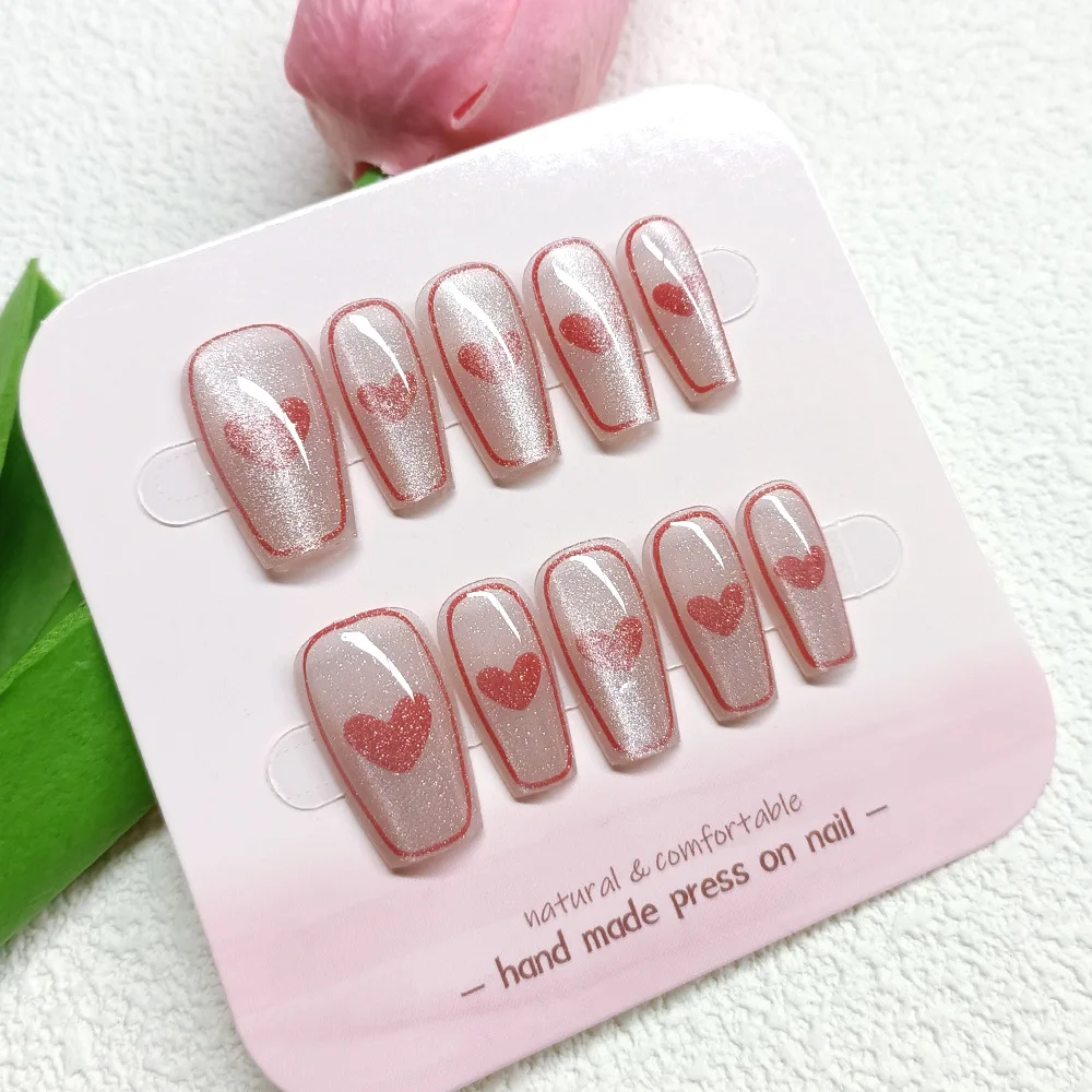 10pcs Handmade Press on Nails Pink Cay Eye Fake Nails with Red Heart French False Nails Patches Wearable Ballerina Nail Art Tips