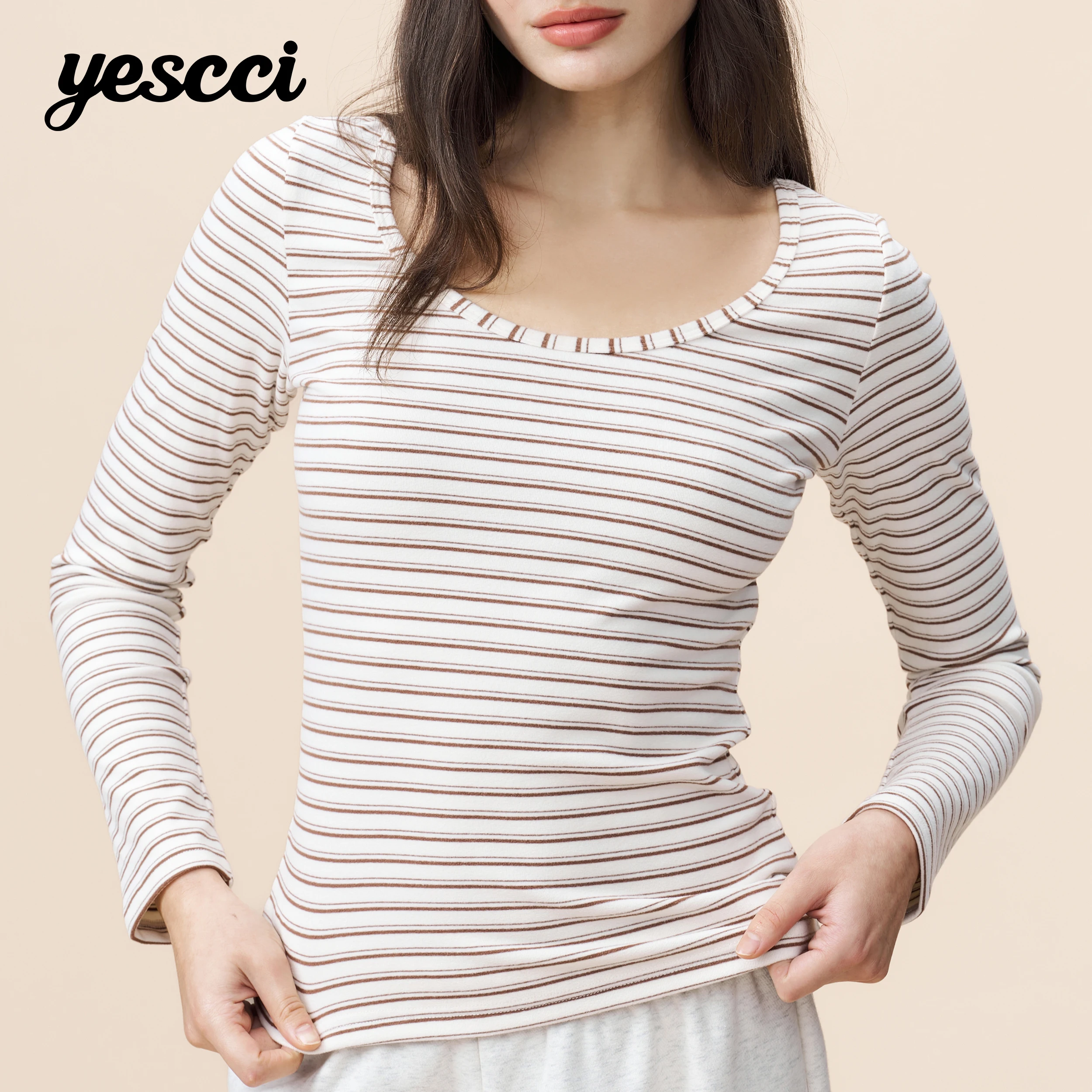 YESCCI Classic Striped Tops Woman U-Neck Slim Fit Stretch Daily Versatile T Shirt Soft Casual Fashion Woman Clothing S55421672