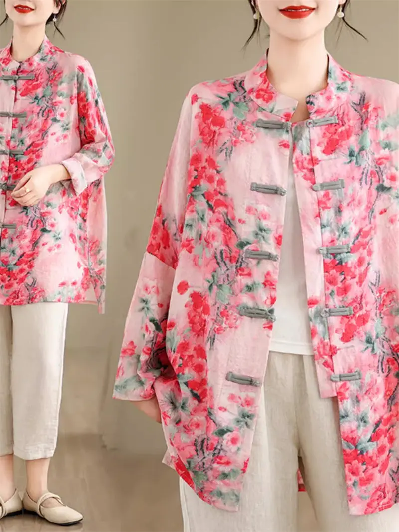 

2024 Spring Summer Chinese Style Stand Up Collar Button Print Medium Length Shirt Oversized Women's Loose Retro Top K468