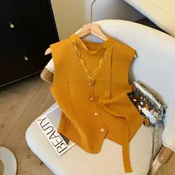 Xiaoxiangfeng Lace V-neck Streamer Vest for Women Summer Style High-end Single-breasted Suit Vest French Sleeveless Top
