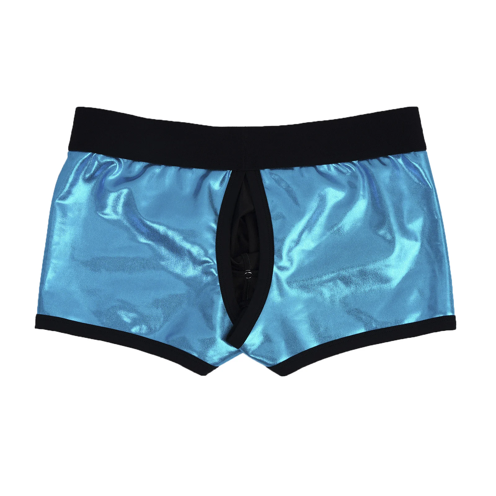 Herren-Dessous: Glänzende Metallic-Boxershorts mit integriertem Silikonring, tief sitzend, mit Cutout-Pouch, Unterwäsche für Rave & Nachtclub-Kostüme – Detail 10