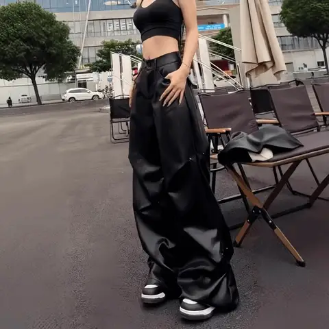 용수철 가을 여성 와이드 레그 팬츠, 하이 웨이스트 스트레이트 레그, 루즈한 바닥 길이, 캐주얼 가죽 바지, 신상 유행