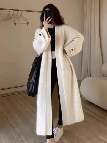 긴 니트 가디건 긴 길이 니트 루즈핏 무릎 아래 루즈한 느긋한 스타일 니트 가디건 니트 코트 긴 니트 가디건 니트 가디건