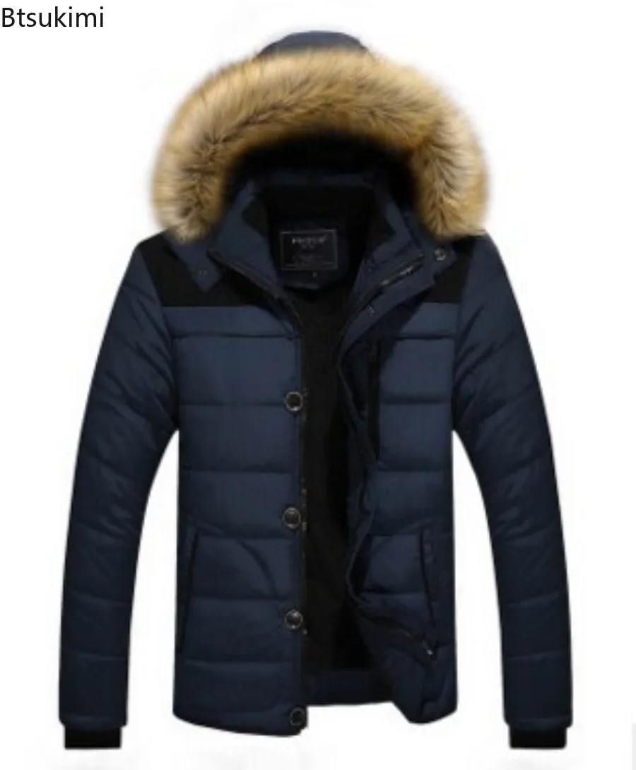 Solid Color Men's Parker Thicken Warm Coat Fashion Men's Fur Collar New Clothing Plus Size Waterproof Hooded Winter Parker Coat