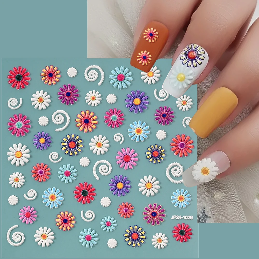 

1Pc 5D Relief Bohemian Flowers Pattern Nail Art Sticker Daisy Gerbera Flower Nail Slider Madala DIY Decal Design Manicure Tool