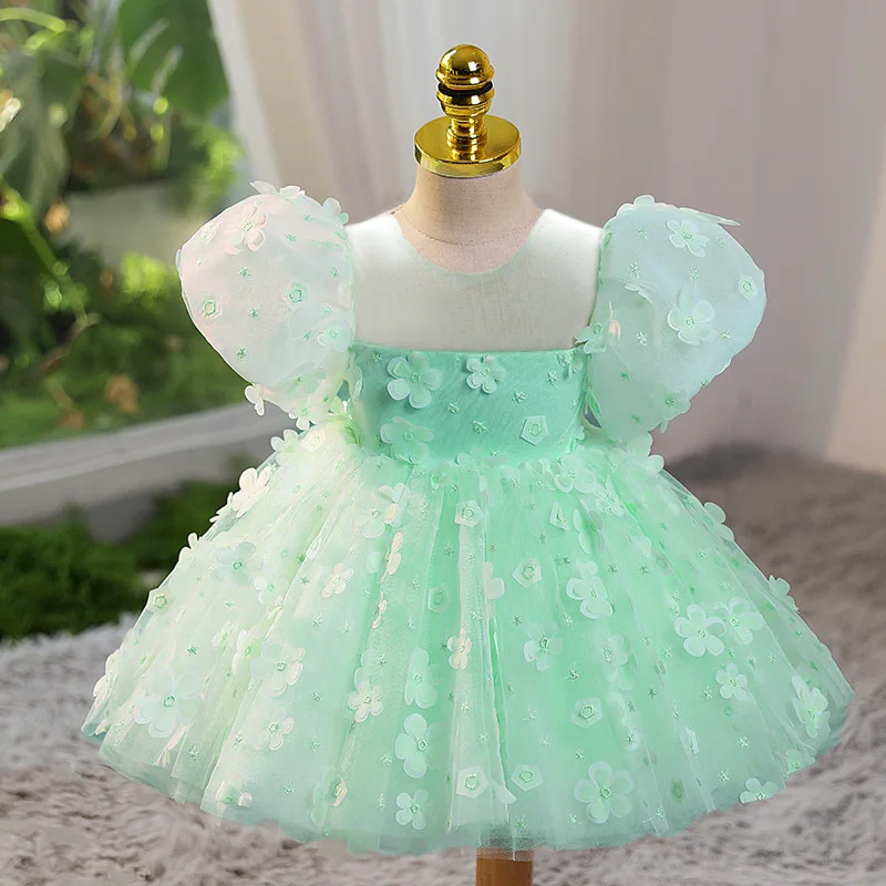 Baby Girl Apple Green Floral Party Dress Toddler Wedding Tutu Dresses 1st Birthday Princess Gown Girls Summer Fashion Costumes