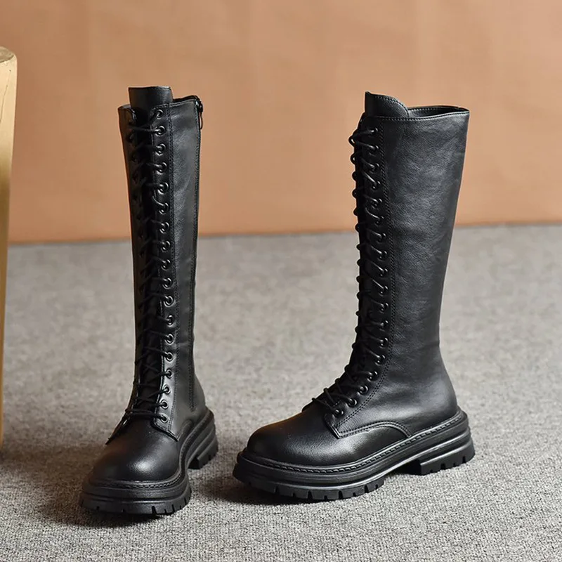 Women Boots Round Toe Side Zipper Leather Chunky Platform Long Boots Fashion Strap Shoes for Woman Black Locomotive Knight Boots