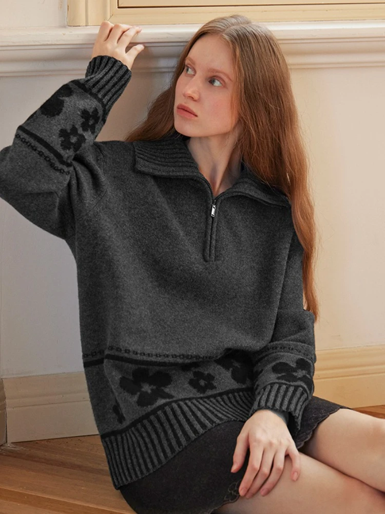 

2025 Simple Long Sleeve Loose Casual Women Sweaters Korean Zipper Pullovers Knitwear Color Block Soft Lazy Style Female Clothing