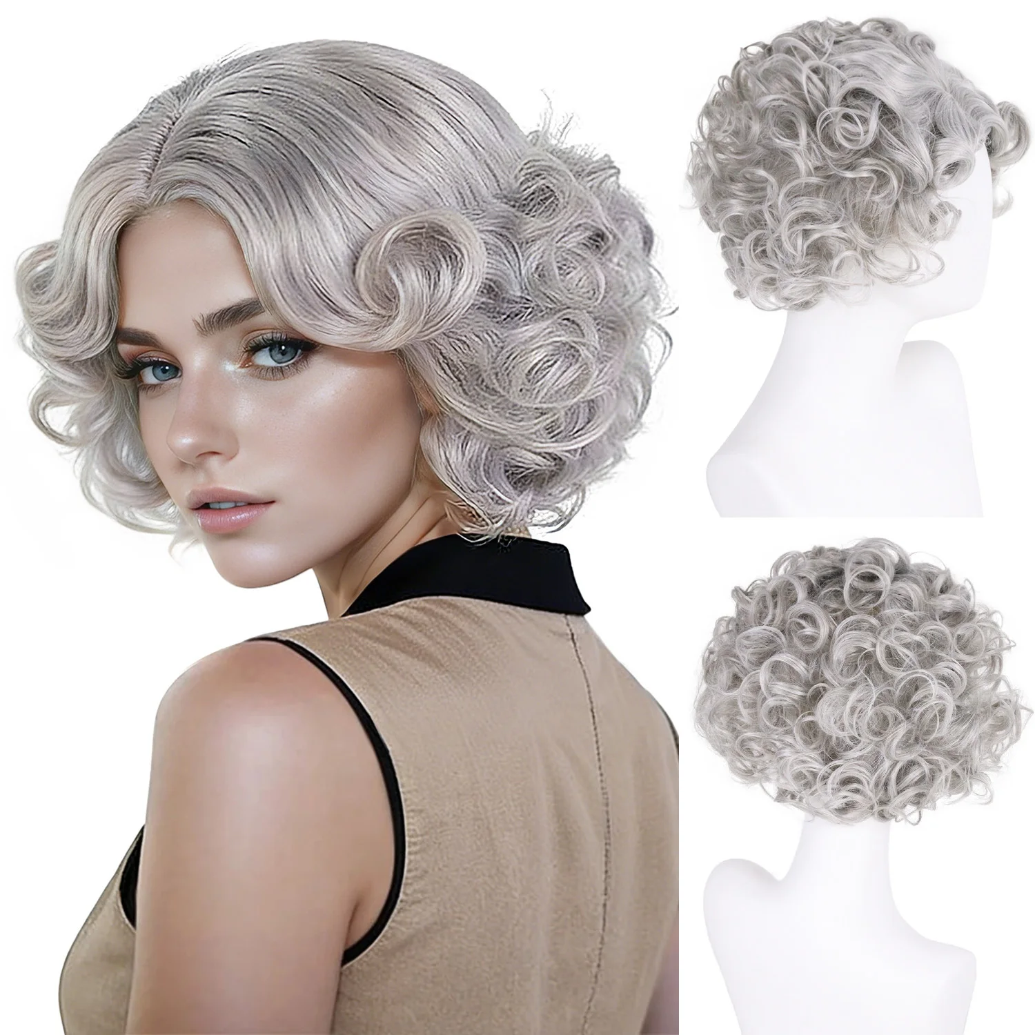 Synthetic Silver Gray Wigs for Elderly Women Short Curly Wig with Bangs Natural Hairline Fake Scalp Wig Daily Cosplay Grandma
