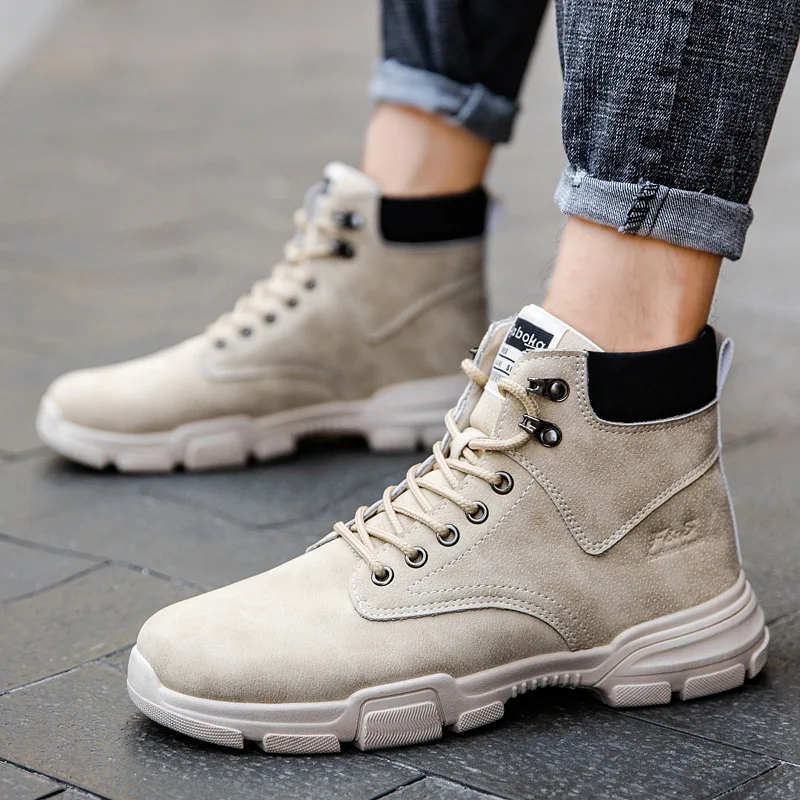 New Fashion Breathable Men's Leather Boots Trendy High-Top Work Boots Versatile Retro Shoes