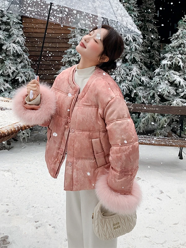 

Pink Fur Sve down Jaet Women's ort Sle Warmthly New Chinese National Trend Outerwear Winter Faion Ladies Coat