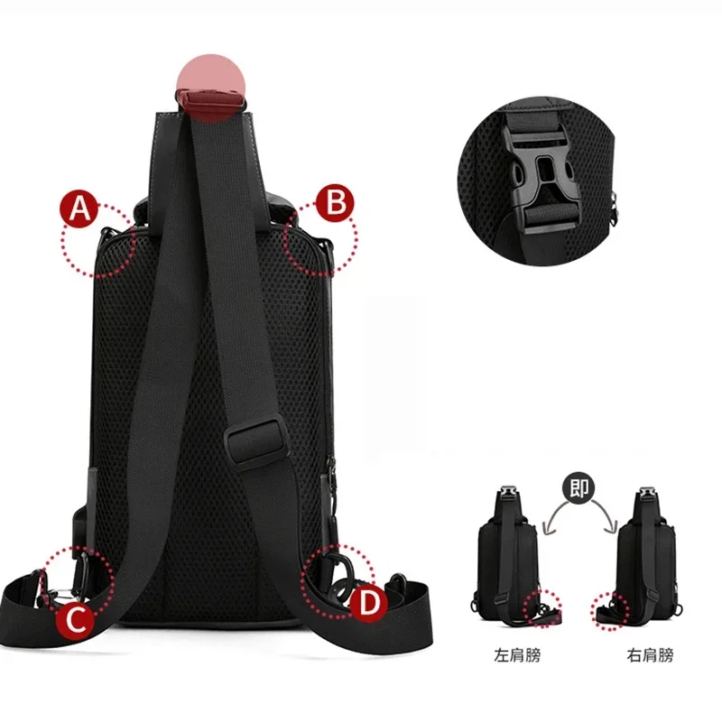 Men Nylon Rucksack Daypack Messenger Bag with USB Charging Port Male Fashion Knapsack Backpack Cross body Sling Chest Pack Bag