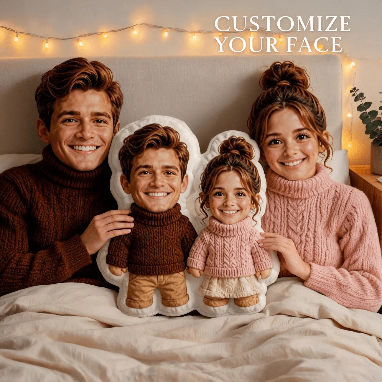 Custom Couple Photo Shaped Pillow, Personalized Picture Decorative Cushion with Brown And Pink Sweater Outfit, Romantic Gift for
