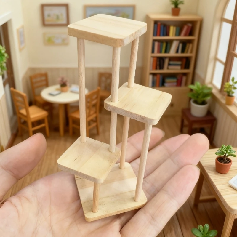 رف عرض نباتات خشبية متدرجة 1/12 ملحقات بيت الدمية أثاث قابل للجمع لتزيين عرض مشهد المشروع 15UB