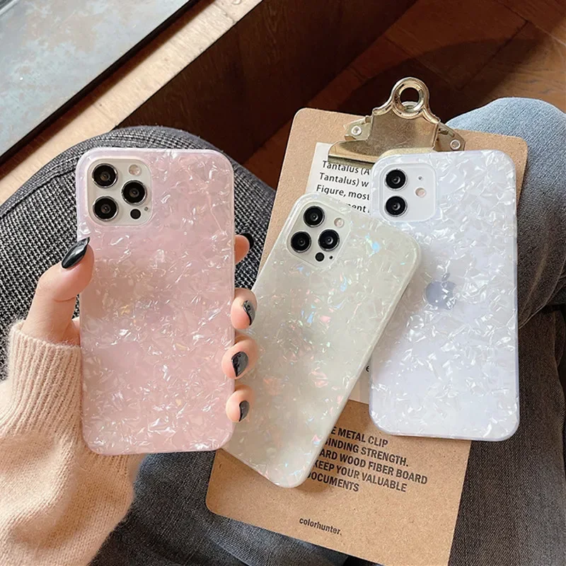 Glitter Dream Shell Marble Phone Case For iPhone 13 Pro 12 11 Pro Max XR XS Max 15 14 Plus Conch Pattern Soft IMD Silicone Cover