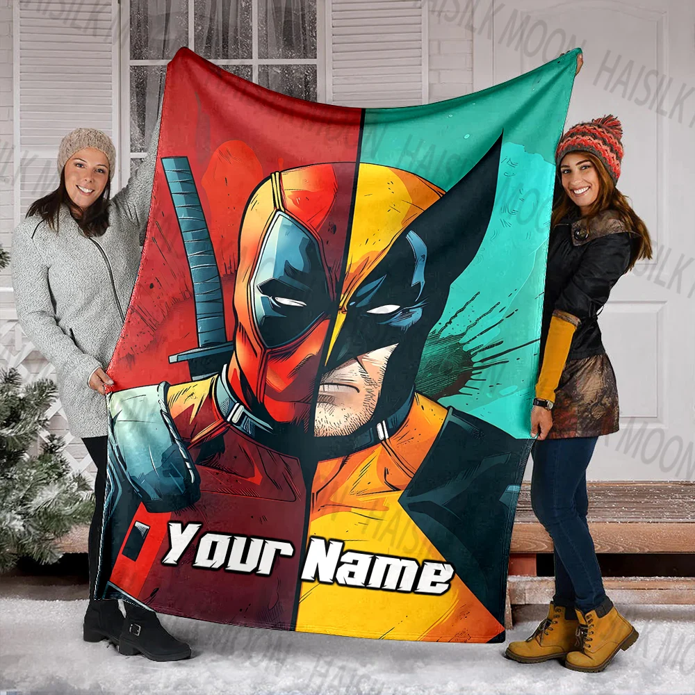 (Memo U Name) 1PC Customized Name Deadpool and Wolverine Printed Blanket All Seasons Multi-purpose Blanket for Sofa, Travel, Car