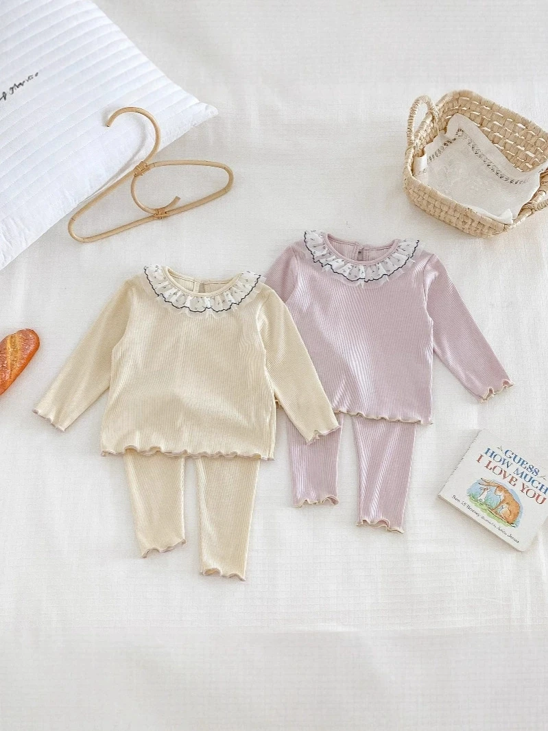 

Girls Set 2025 Autumn New Girl Baby Cotton Lotus Leaf Collar Puff Yarn Skirt Pit Strip Bow Bottom Pants Two Piece Set