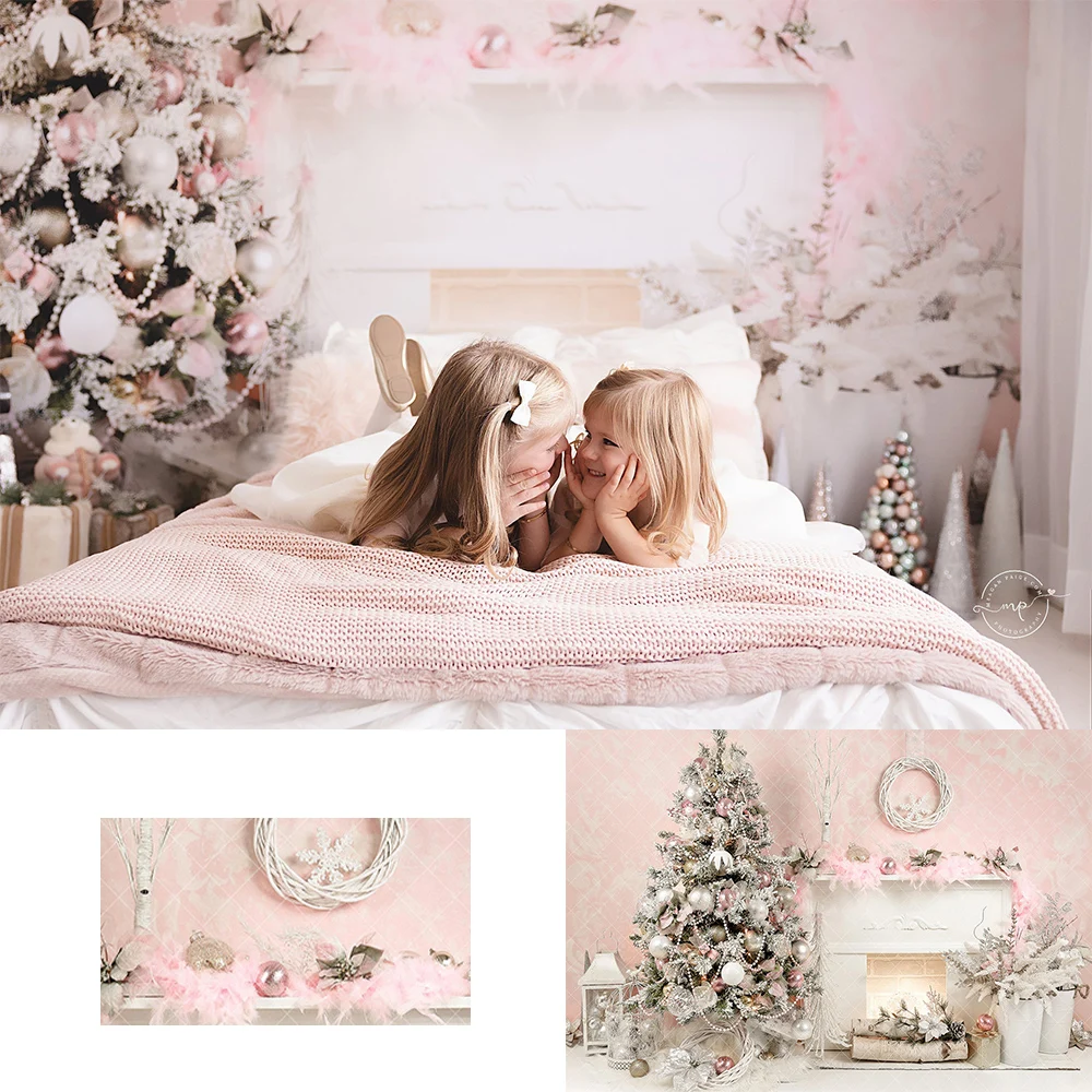 

Pretty Blush Christmas Backdrops Kids Girl Photography Family Photocall Decors Pink Fireplace Christmas Trees Backgrounds