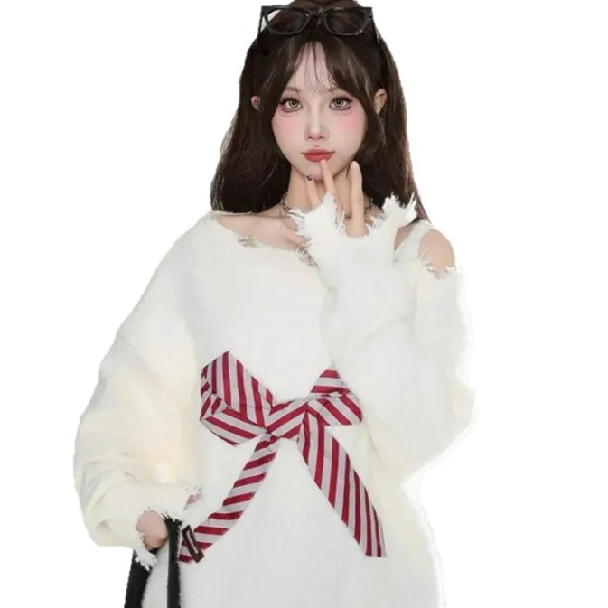 เสื้อไหมพรมเปิดไหล่ผูกโบว์หวานๆ สวมใส่สบาย นุ่มนวล สไตล์นักเรียน  คอลเลคชั่นใหม่ล่าสุดสำหรับฤดูใบไม้ร่วง