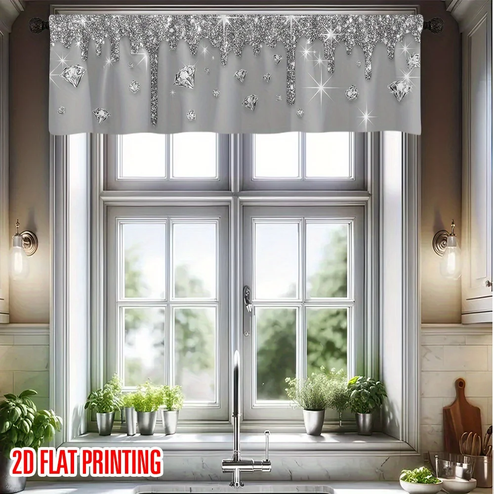 1 cenefa corta con estampado de lluvia plateada brillante plana 2D, ventana de bolsillo con varilla moderna con diseño de estrellas brillantes y gotas de lluvia