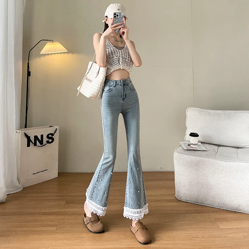 Summer New Women's Petite White Flare Jeans Vintage American Style Lace Trim Pearl Decor Slim Fit Casual Streetwear Denim Pants - view 5