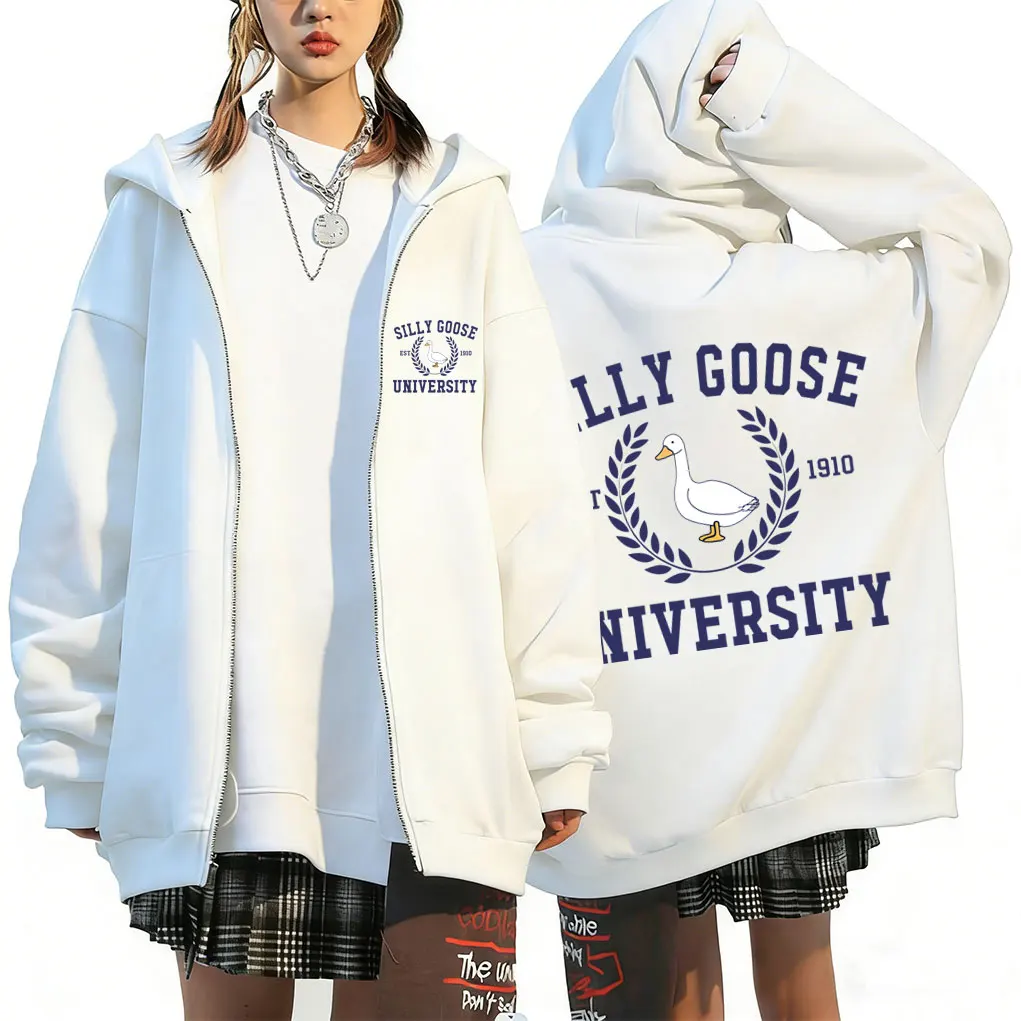 Silly Goose University Funny Meme Zipper Hoodie Men Women Casual Vintage Zip Up Jacket Unisex Humor Oversized Zip Up Sweatshirt
