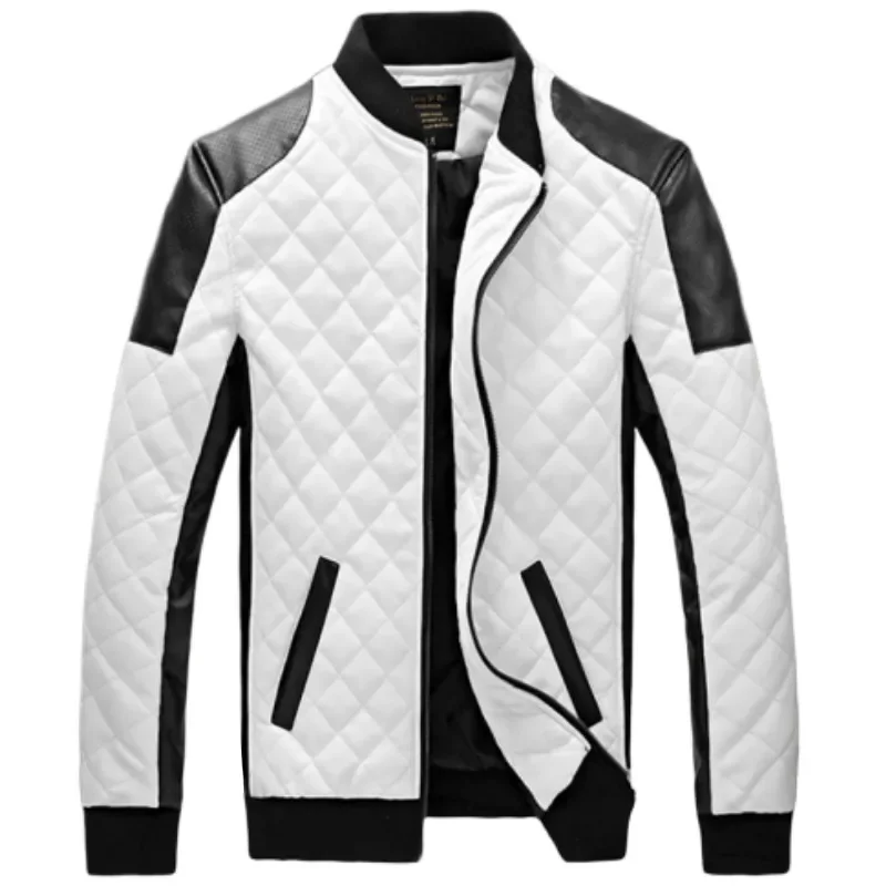 2023 Men Casual High Quality Classic Motorcycle Thick Pu Coat Winter Black White Stitching Contrast Motorcycle Leather Jacket