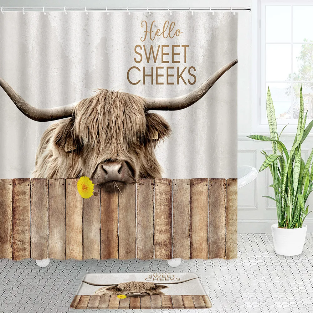 Funny Highland Cattle Shower Curtain Set Farm Cow Yellow Flower Brown Wood Board Bathroom Decor Non-Slip Rug Bath Mat Toilet Lid