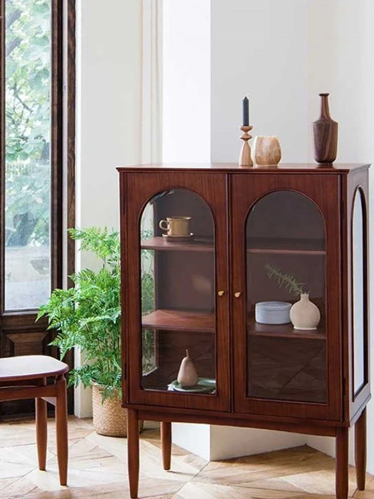 Gabinete de cubo de almacenamiento arqueado de vidrio de nogal, gabinete de zapatos de madera de cerezo simple, muebles de teca, lado de comedor de madera maciza, Retro