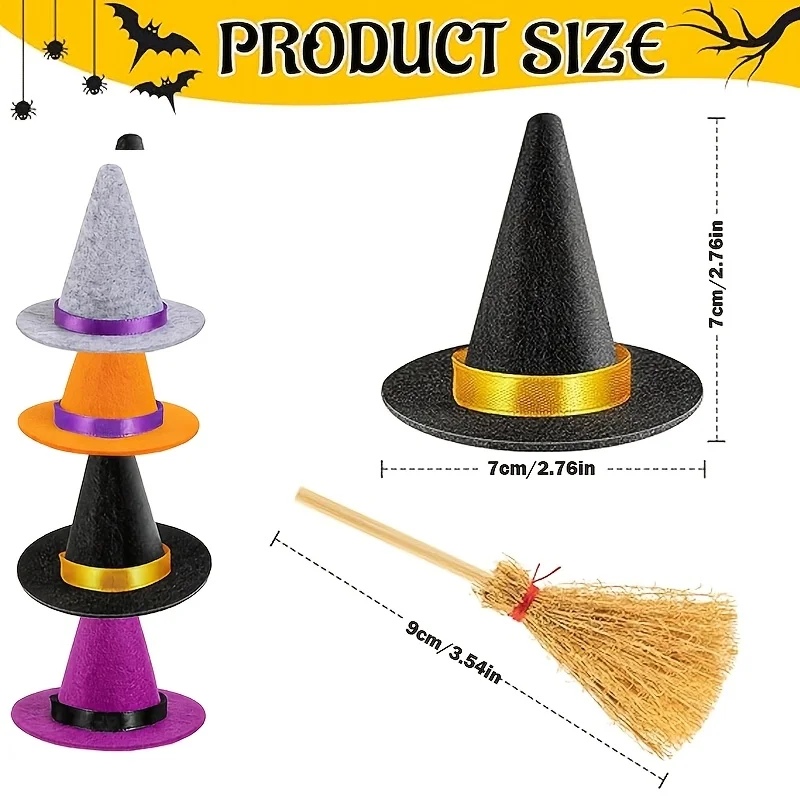 Mini Witch Hat and Broom Combo Set Halloween Handmade DIY Decoration Accessories Party Scene Decoration view 3