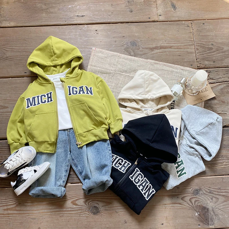 

Autumn Letter Print Hooded Long Sleeve Baby Hoodies Zipper Casual Korean Style Kids Boy Girls Sweatshirt Clothes Fashion