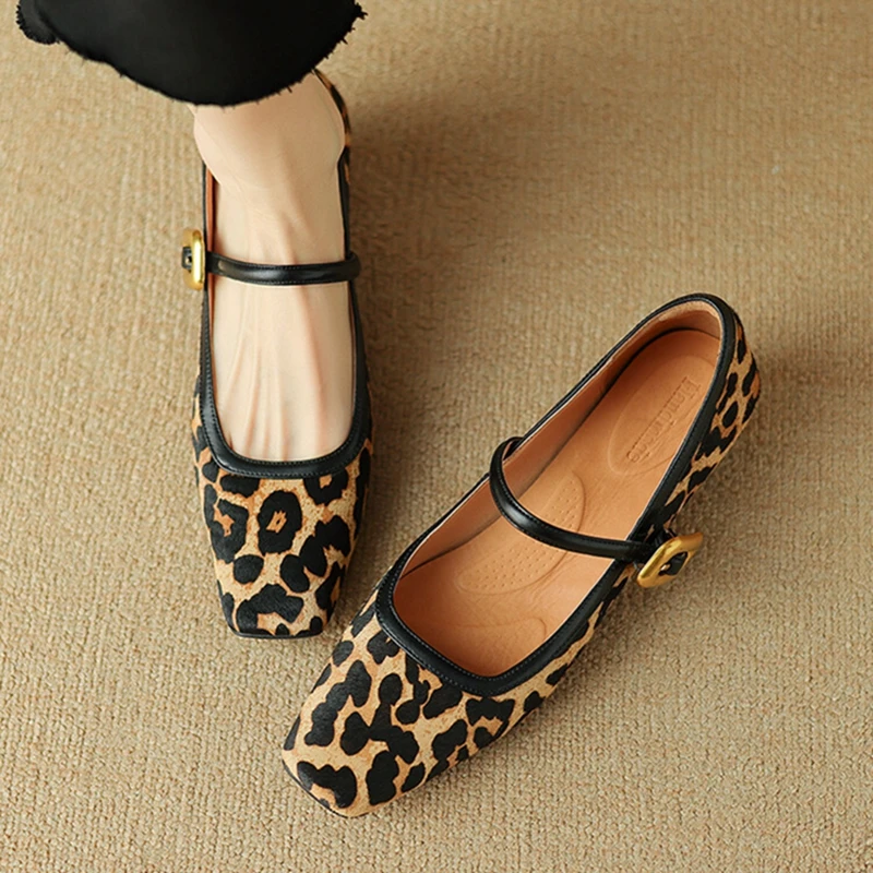 NEW Spring/Autumn Women Pumps Square Toe Chunky Heel Shoes Horsehair Leopard Shoes for Women Concise High Heel Buckle Mary Janes